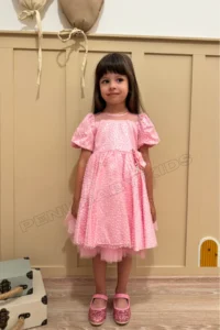 penu baby kids Pink Flower Detailed Glitter Polka Dot Balloon Sleeve Girl's Dress - Image 4
