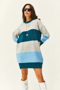 Olalook Women's Gray Colored Striped Soft Textured Mini Tunic Dress - Image 3