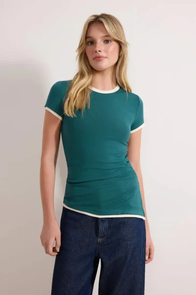 TRENDYOLMİLLA Petrol Blue Blue Blue Fitted Short Sleeve Piped Soft Knitting T-Shirt
