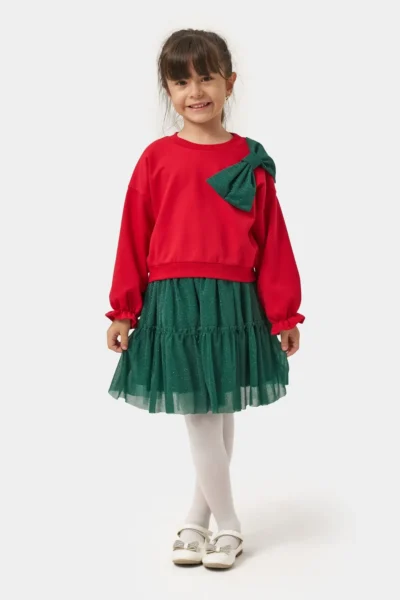 Minipodyum Glittery Tulle Skirt New Year's Eve Outfit for Girls, Top and Bottom Set