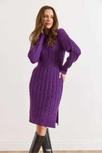 Olalook Women's Purple Waist Banded Slit Hair Knitted Mini Dress - Image 5