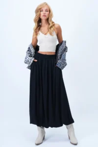 Trend Alaçatı Stili Women's Black Double Pocket Lined Maxi Length Bubble Skirt Alc-X14348