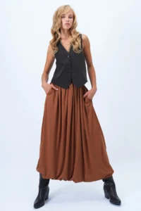 Trend Alaçatı Stili Women's Brown Double Pocket Lined Maxi Length Bubble Skirt Alc-X14348