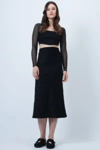 Trend Alaçatı Stili Women's Black Hidden Zipper Stitching Detailed Faux Suede Maxi Length Skirt Alc-X14407