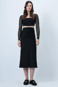 Trend Alaçatı Stili Women's Black Hidden Zipper Stitching Detailed Faux Suede Maxi Length Skirt Alc-X14407 - Image 2