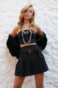 Trend Alaçatı Stili Women Black pleated Arched Mini Skirt Alc-X14502 - Image 4