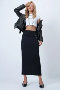 Trend Alaçatı Stili Women's Black Belt Detailed Midi Length Sandy Skirt Alc-X14550