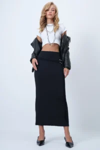 Trend Alaçatı Stili Women's Black Belt Detailed Midi Length Sandy Skirt Alc-X14550 - Image 3