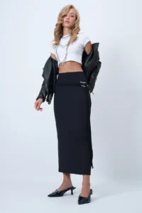 Trend Alaçatı Stili Women's Black Belt Detailed Midi Length Sandy Skirt Alc-X14550 - Image 4