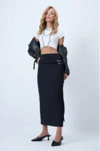 Trend Alaçatı Stili Women's Black Belt Detailed Midi Length Sandy Skirt Alc-X14550 - Image 5