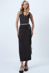 Trend Alaçatı Stili Women's Bitter Brown Belt Detailed Midi Length Sandy Skirt ALC-X14550