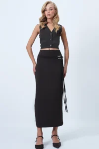 Trend Alaçatı Stili Women's Bitter Brown Belt Detailed Midi Length Sandy Skirt ALC-X14550 - Image 2