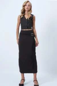 Trend Alaçatı Stili Women's Bitter Brown Belt Detailed Midi Length Sandy Skirt ALC-X14550 - Image 3