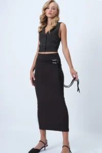 Trend Alaçatı Stili Women's Bitter Brown Belt Detailed Midi Length Sandy Skirt ALC-X14550 - Image 4