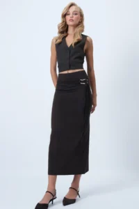 Trend Alaçatı Stili Women's Bitter Brown Belt Detailed Midi Length Sandy Skirt ALC-X14550 - Image 5