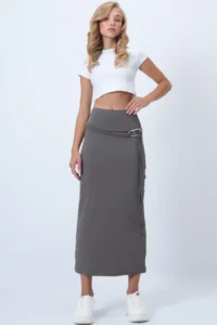 Trend Alaçatı Stili Women's Gray Belt Detailed Midi Length Sandy Skirt Alc-X14550 - Image 2