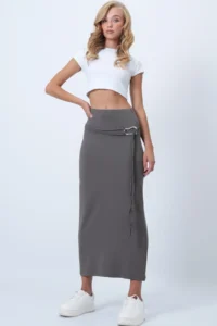 Trend Alaçatı Stili Women's Gray Belt Detailed Midi Length Sandy Skirt Alc-X14550 - Image 3