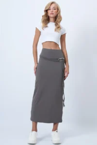Trend Alaçatı Stili Women's Gray Belt Detailed Midi Length Sandy Skirt Alc-X14550 - Image 4