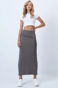 Trend Alaçatı Stili Women's Gray Belt Detailed Midi Length Sandy Skirt Alc-X14550 - Image 5