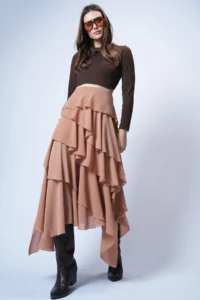Trend Alaçatı Stili Women's Caramel Layered Flounce Maxi Length Woven Skirt ALC-X14749