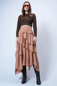 Trend Alaçatı Stili Women's Caramel Layered Flounce Maxi Length Woven Skirt ALC-X14749 - Image 3