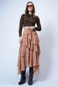 Trend Alaçatı Stili Women's Caramel Layered Flounce Maxi Length Woven Skirt ALC-X14749 - Image 4