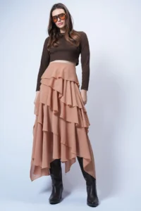Trend Alaçatı Stili Women's Caramel Layered Flounce Maxi Length Woven Skirt ALC-X14749 - Image 5