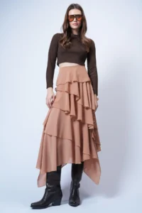 Trend Alaçatı Stili Women's Caramel Layered Flounce Maxi Length Woven Skirt ALC-X14749 - Image 6