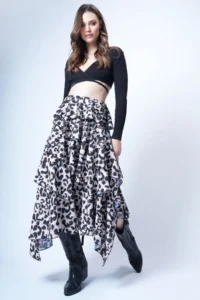 Trend Alaçatı Stili Women's Leopard Layered Flounce Maxi Length Woven Skirt ALC-X14749