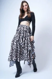 Trend Alaçatı Stili Women's Leopard Layered Flounce Maxi Length Woven Skirt ALC-X14749 - Image 2