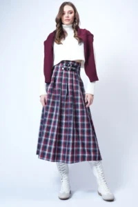 Trend Alaçatı Stili Women's Burgundy Belt Buckle Zippered Pleated Midi Skirt ALC-X14752