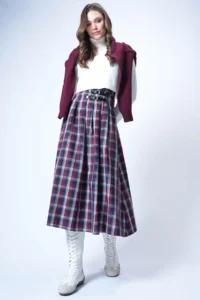 Trend Alaçatı Stili Women's Burgundy Belt Buckle Zippered Pleated Midi Skirt ALC-X14752 - Image 2