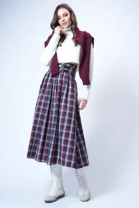 Trend Alaçatı Stili Women's Burgundy Belt Buckle Zippered Pleated Midi Skirt ALC-X14752 - Image 3