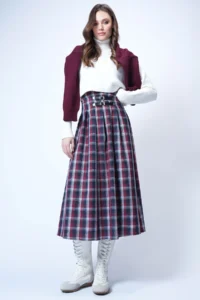 Trend Alaçatı Stili Women's Burgundy Belt Buckle Zippered Pleated Midi Skirt ALC-X14752 - Image 4
