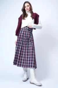 Trend Alaçatı Stili Women's Burgundy Belt Buckle Zippered Pleated Midi Skirt ALC-X14752 - Image 5