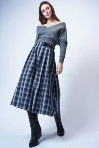 Trend Alaçatı Stili Women's Navy Blue Belt Buckle Zippered Pleated Midi Skirt ALC-X14752