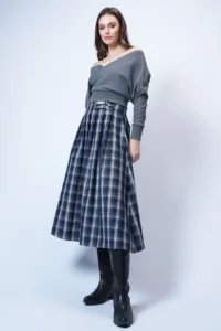 Trend Alaçatı Stili Women's Navy Blue Belt Buckle Zippered Pleated Midi Skirt ALC-X14752 - Image 3