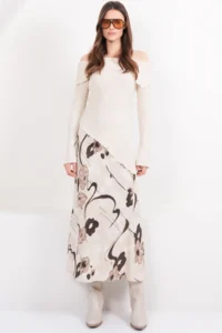 Trend Alaçatı Stili Women's Beige Floral Patterned Zippered Satin Midi Length Skirt ALC-X14782