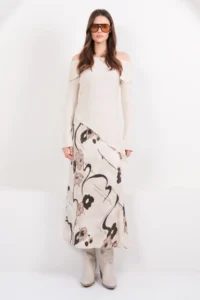 Trend Alaçatı Stili Women's Beige Floral Patterned Zippered Satin Midi Length Skirt ALC-X14782 - Image 2