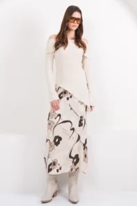 Trend Alaçatı Stili Women's Beige Floral Patterned Zippered Satin Midi Length Skirt ALC-X14782 - Image 4