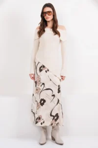 Trend Alaçatı Stili Women's Beige Floral Patterned Zippered Satin Midi Length Skirt ALC-X14782 - Image 5