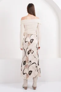 Trend Alaçatı Stili Women's Beige Floral Patterned Zippered Satin Midi Length Skirt ALC-X14782 - Image 6