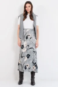 Trend Alaçatı Stili Women's Gray Floral Patterned Zippered Satin Midi Skirt ALC-X14782