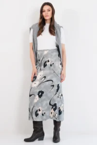 Trend Alaçatı Stili Women's Gray Floral Patterned Zippered Satin Midi Skirt ALC-X14782 - Image 5