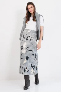 Trend Alaçatı Stili Women's Gray Floral Patterned Zippered Satin Midi Skirt ALC-X14782 - Image 6