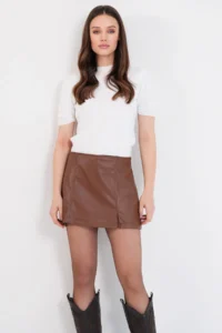 Trend Alaçatı Stili Women's Tan Mini Slit Leather Shorts Skirt ALC-X14802 - Image 4