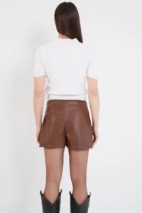 Trend Alaçatı Stili Women's Tan Mini Slit Leather Shorts Skirt ALC-X14802 - Image 7