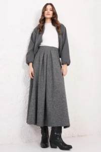 Trend Alaçatı Stili Women's Black Herringbone Pattern Pleat Detailed Stitch Skirt ALC-X14816