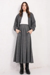 Trend Alaçatı Stili Women's Black Herringbone Pattern Pleat Detailed Stitch Skirt ALC-X14816 - Image 2