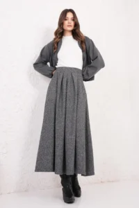 Trend Alaçatı Stili Women's Black Herringbone Pattern Pleat Detailed Stitch Skirt ALC-X14816 - Image 3